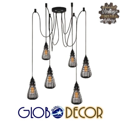 GLOBOSTAR® DROPS 01059 Vintage Κρεμαστό Φωτιστικό Οροφής με Ντουί 6 x E27 AC 220-240V IP20 - Μαύρο - 120cm